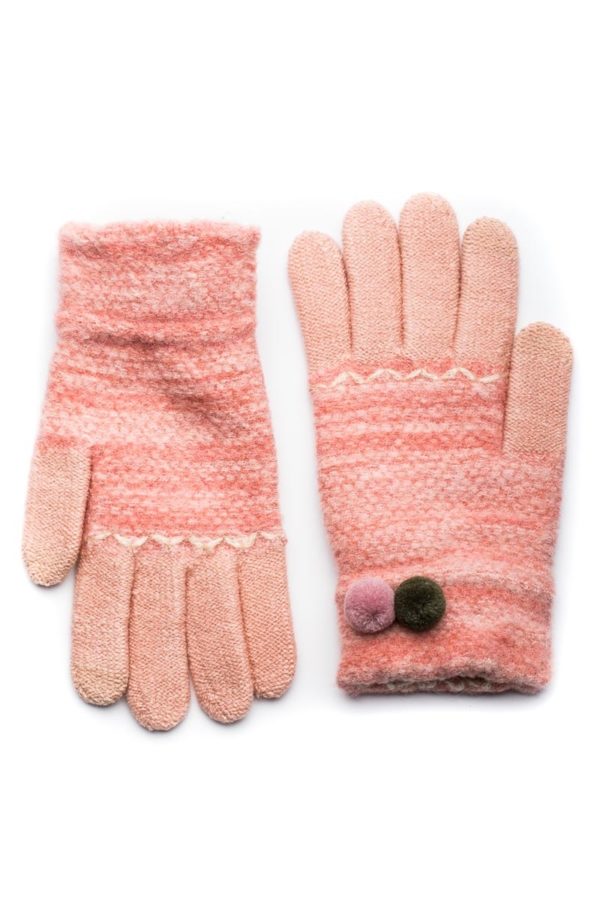 Ροζ Πλεκτά Γάντια Γυναικεία Με Διπλό Πον Πον