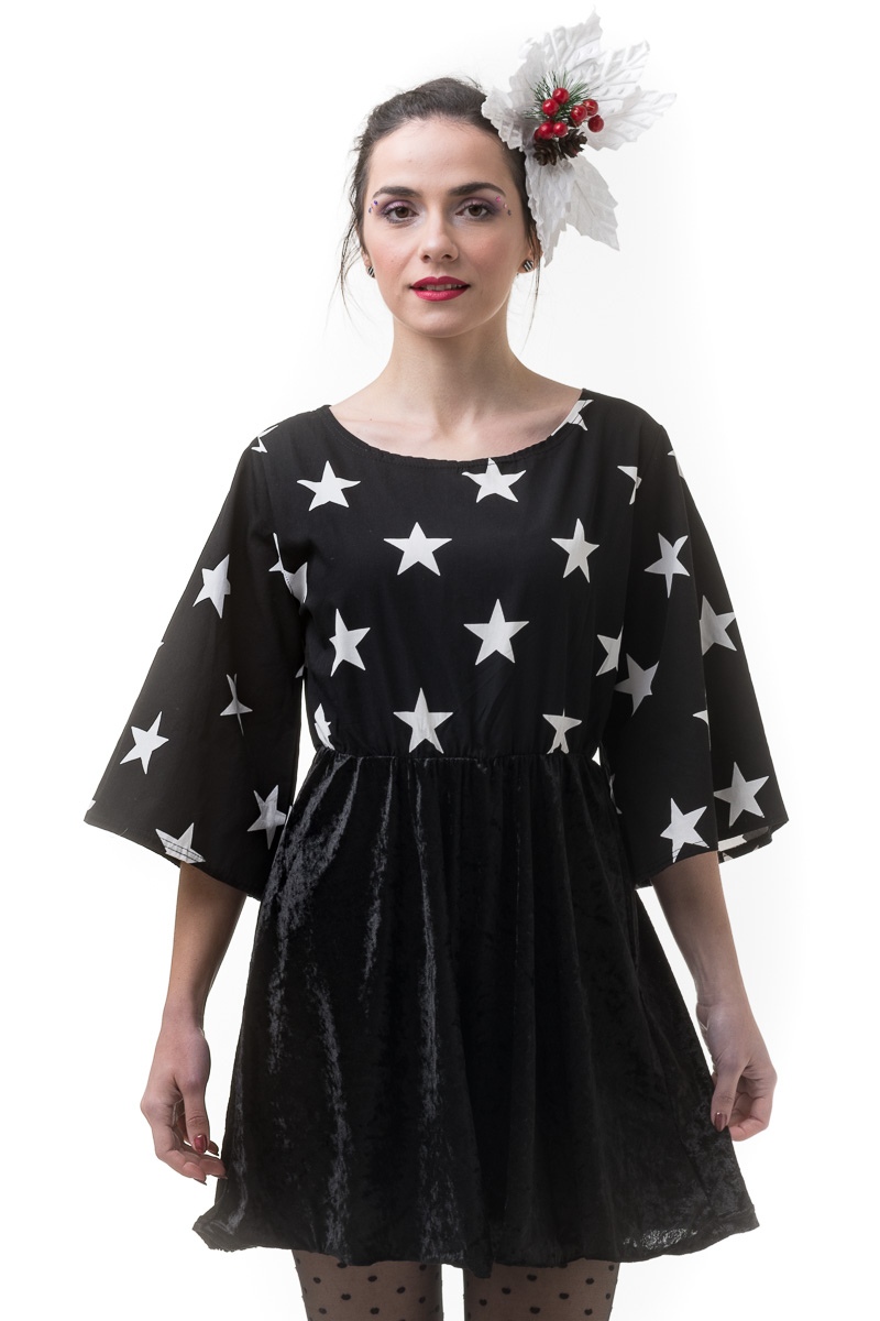Μαύρο Κοντό Βελούδινο Φόρεμα με Print Αστέρια