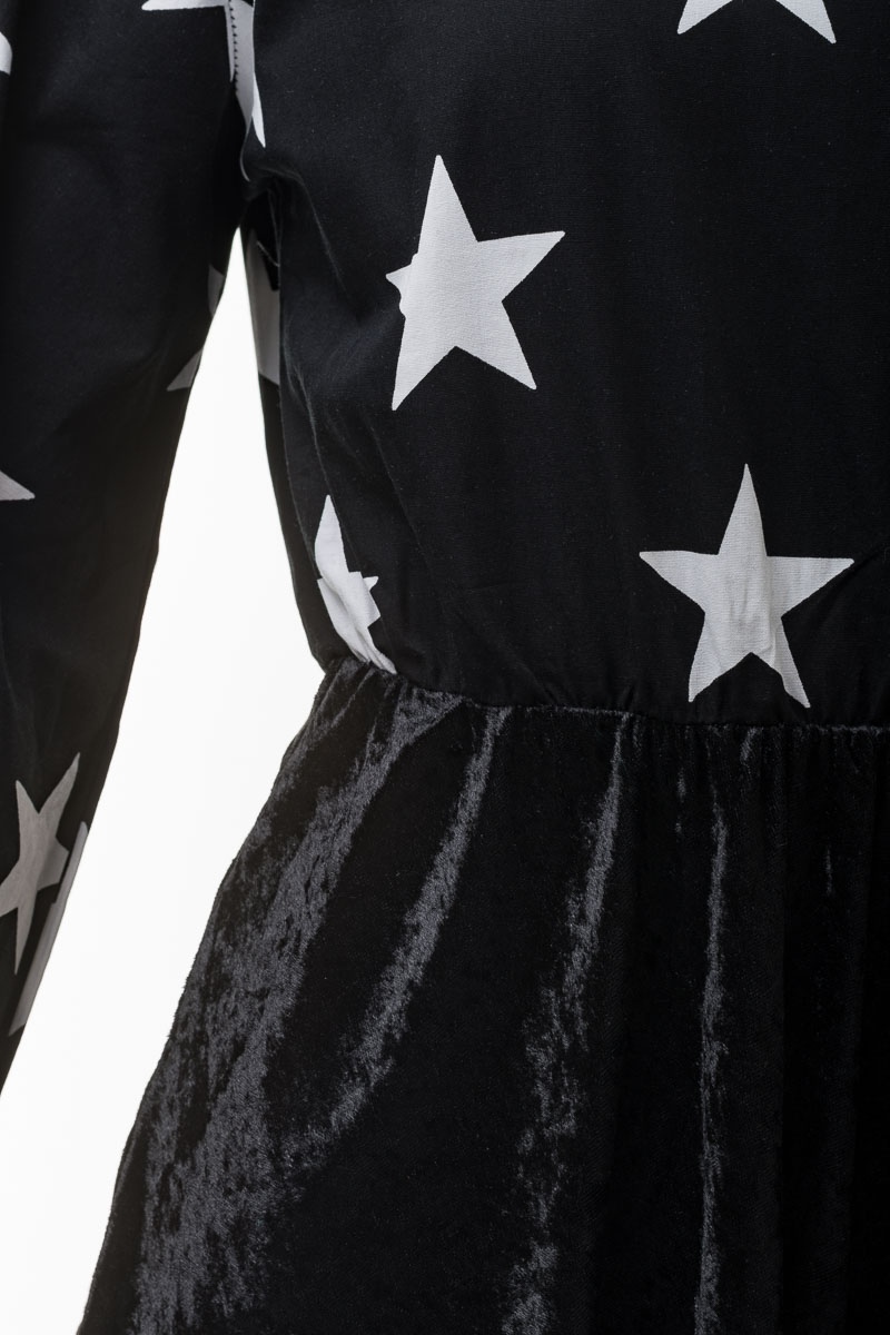 Μαύρο Κοντό Βελούδινο Φόρεμα με Print Αστέρια