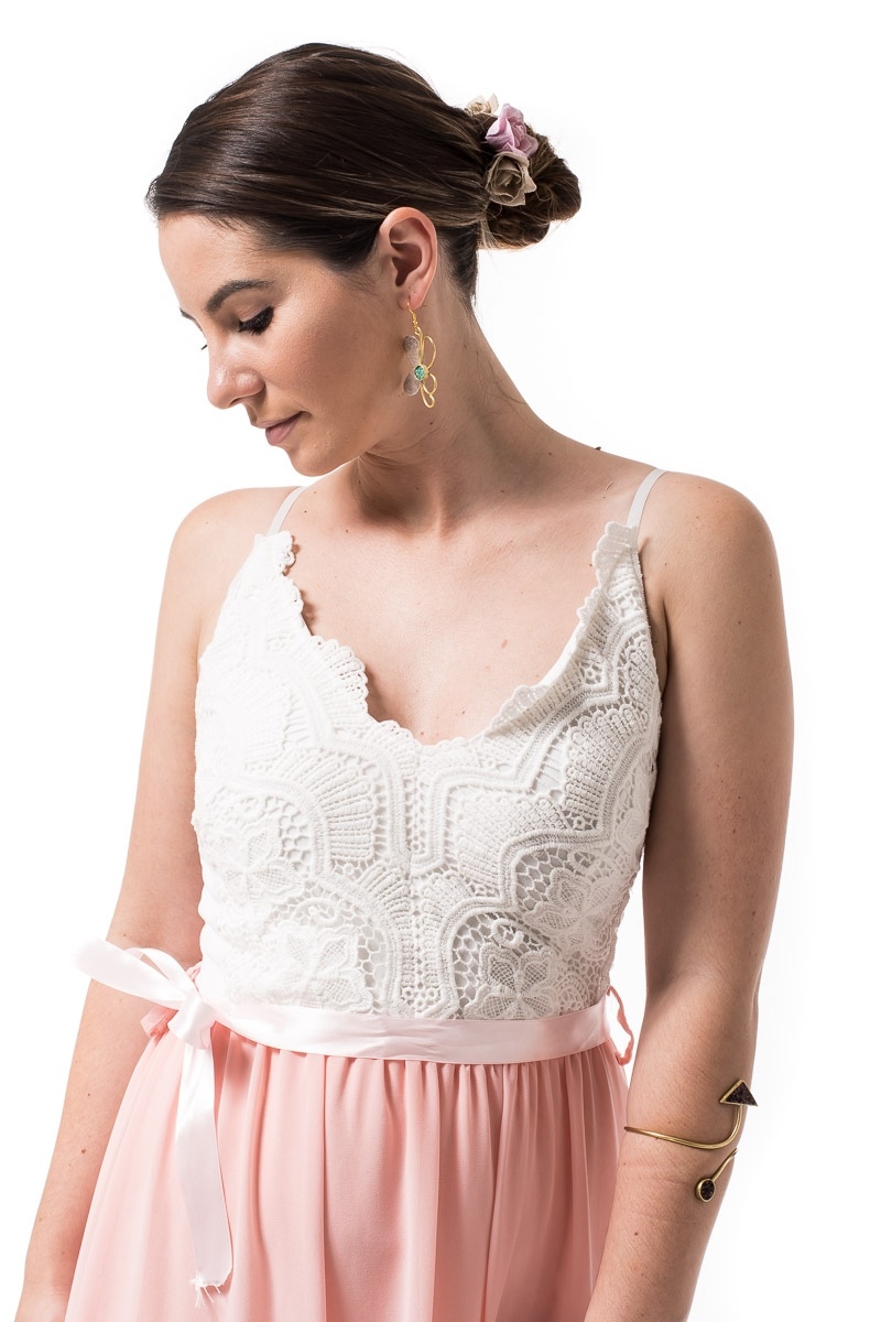Maxi Φόρεμα με Δαντέλα Άσπρο Ροζ