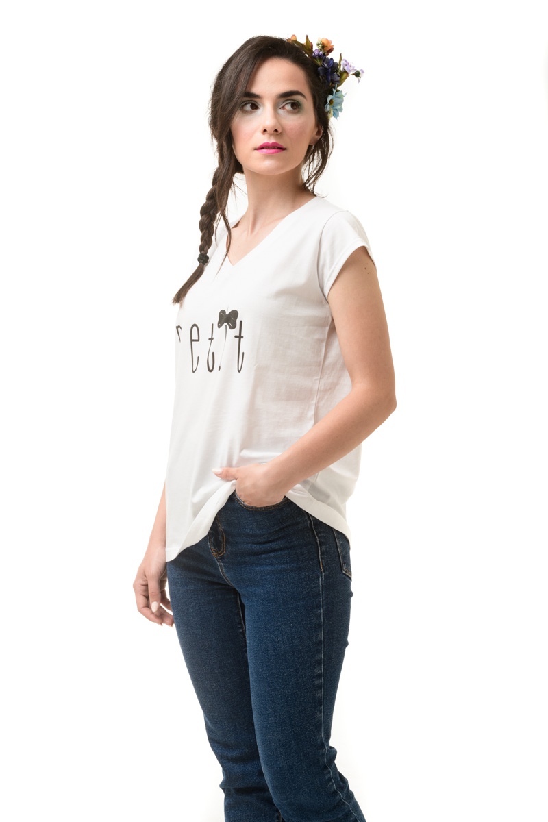 Άσπρο T-Shirt με V Λαιμόκοψη Petit
