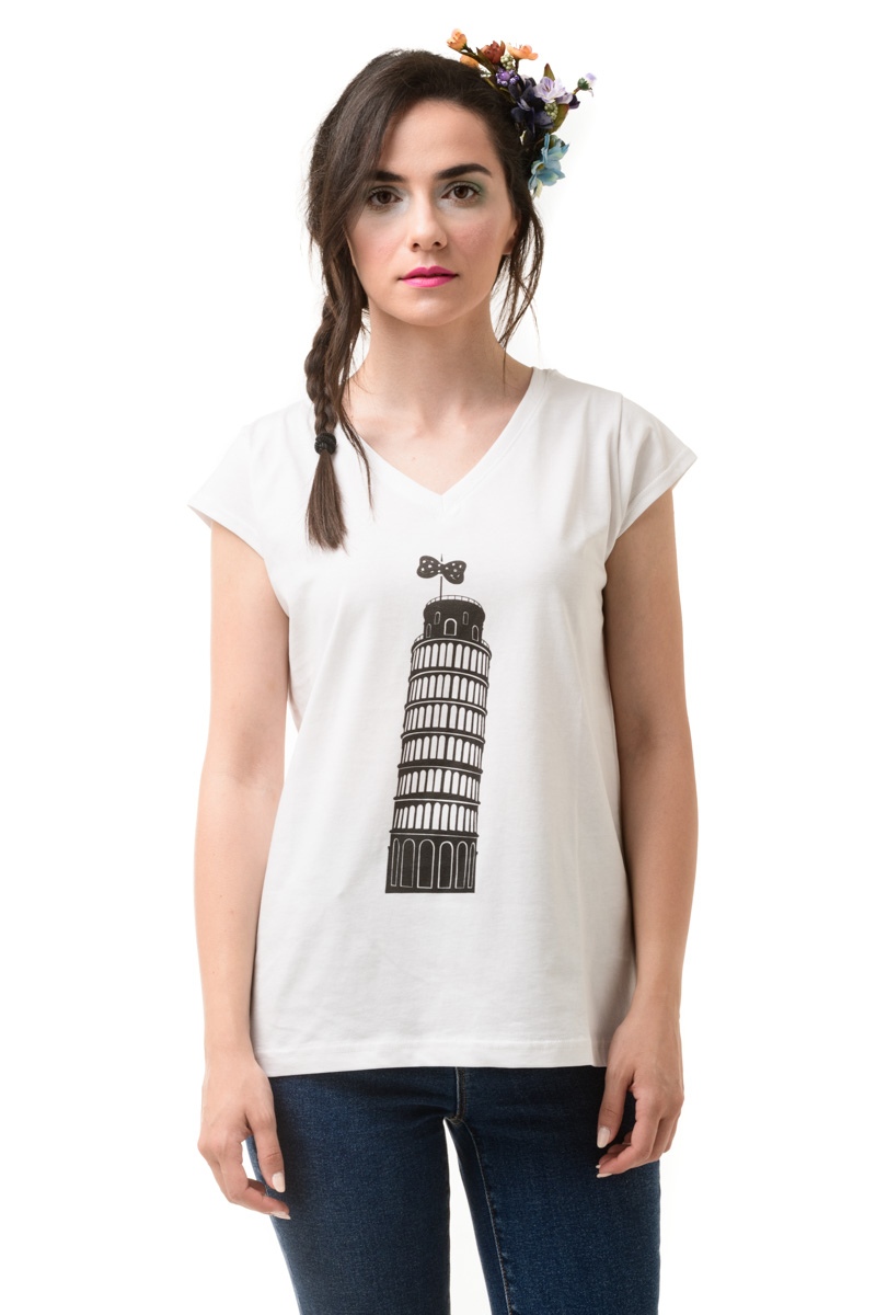 Άσπρο T-Shirt με V Λαιμόκοψη Pisa Tower