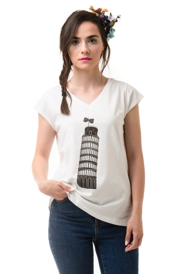 Άσπρο T-Shirt με V Λαιμόκοψη Pisa Tower