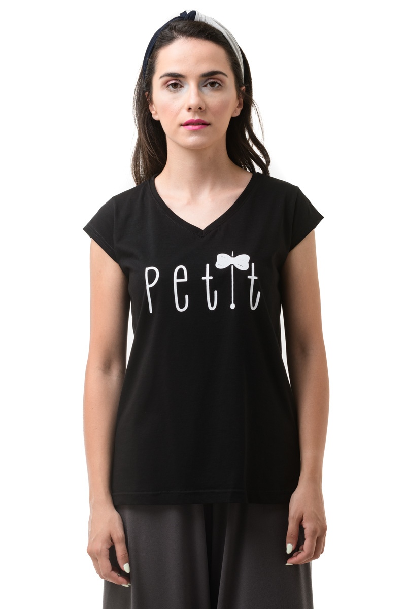 Μαύρο T-Shirt με V Λαιμόκοψη Petit
