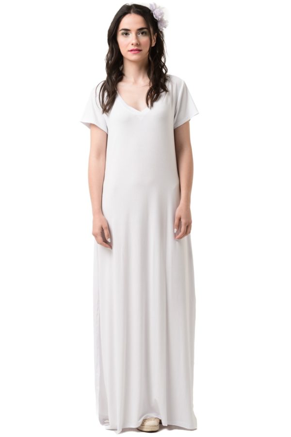 Άσπρο Καθημερινό Φόρεμα Μακρύ με Άνοιγμα