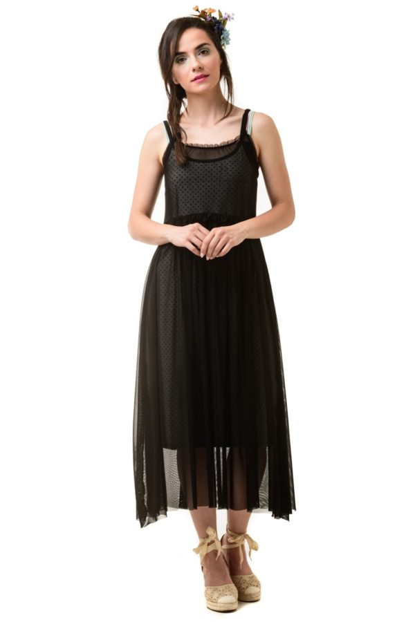 Μαύρο Μίντι Φόρεμα Τούλι με Μεσοφόρι Γκρι Πουά