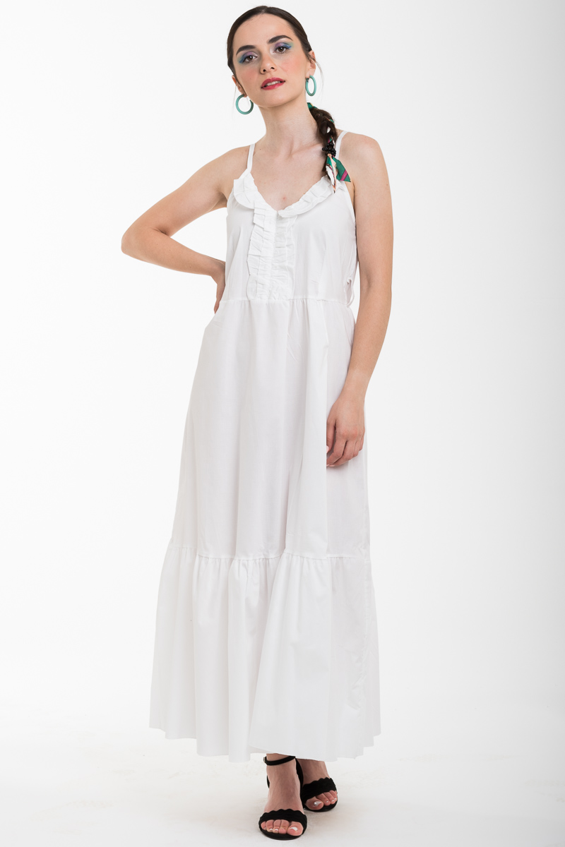 Άσπρο Τιραντέ Φόρεμα Μακρύ με Βολάν Μπροστά