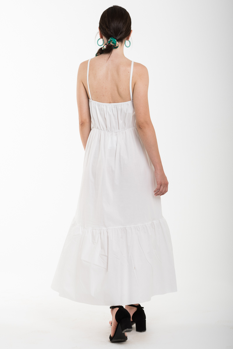 Άσπρο Τιραντέ Φόρεμα Μακρύ με Βολάν Μπροστά