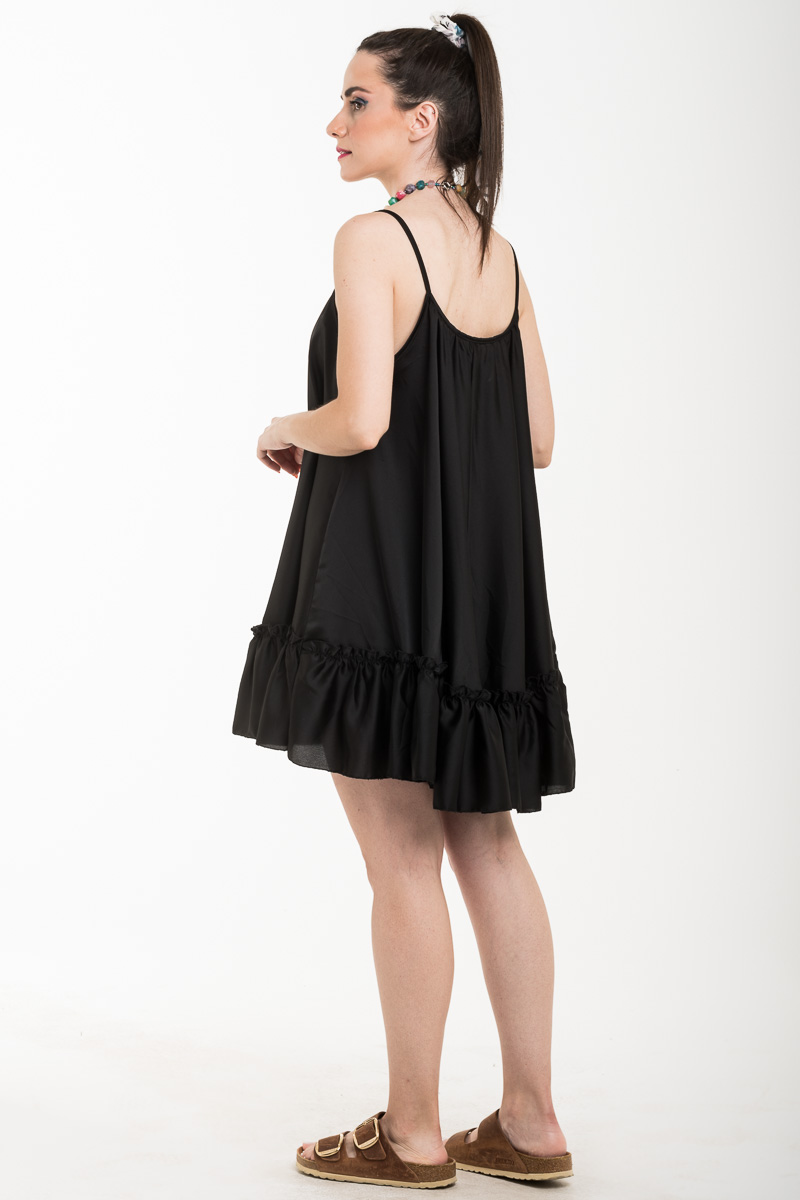 Μαύρο Τιραντέ Αέρινο Φόρεμα Σατέν Κοντό