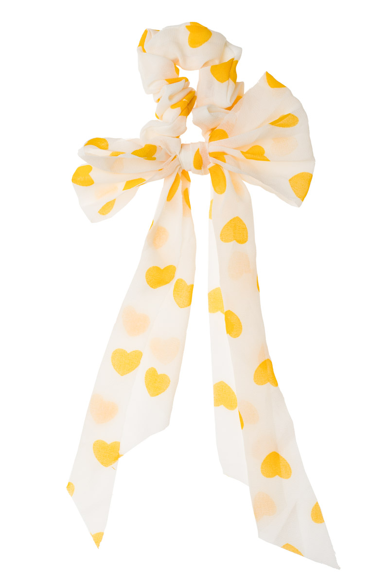 Κίτρινο Scrunchie Σούρα Μαλλιών με Φιόγκο Μαντήλι Καρδιές Πουά