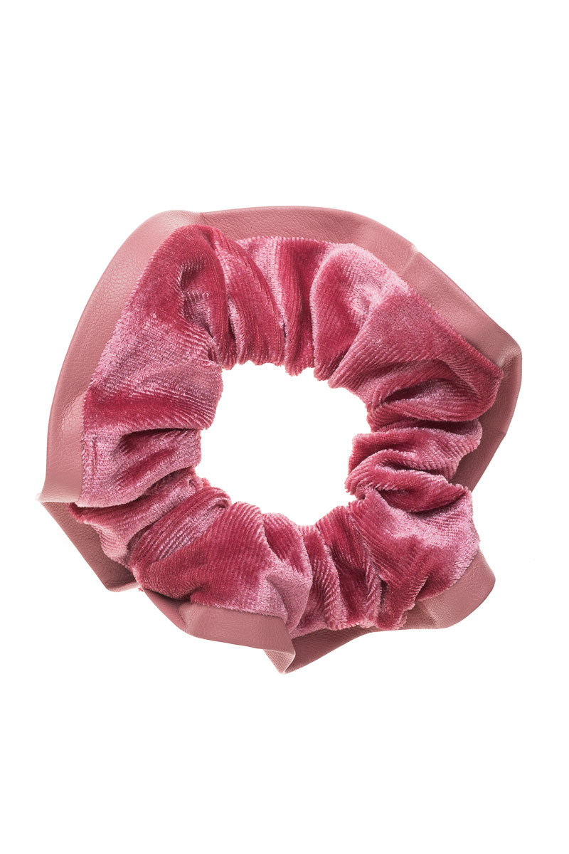 Ροζ Scrunchie Βελούδινη Σούρα Μαλλιών με Βολάν Δερματίνη