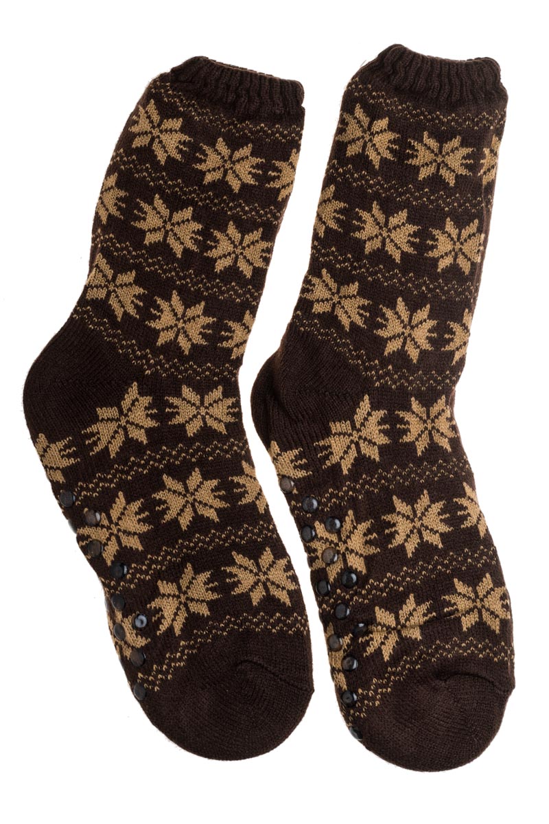 Σκούρο Καφέ Ανδρικές Χειμωνιάτικες Κάλτσες με Γούνα Χιονονιφάδες