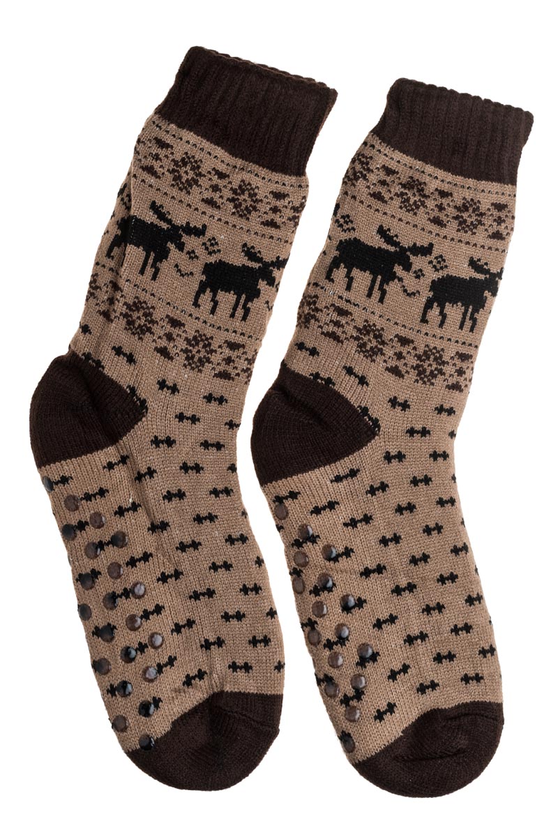 Μπεζ Ανδρικές Χειμωνιάτικες Κάλτσες με Γούνα Fluffy Τάρανδοι