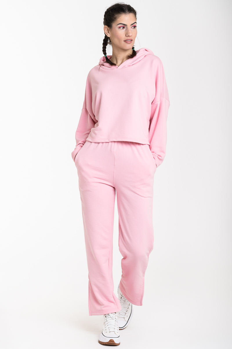 Σετ Ροζ Φόρμες Φούτερ Μπλούζα Hoodie & Παντελόνι με Ανοίγματα