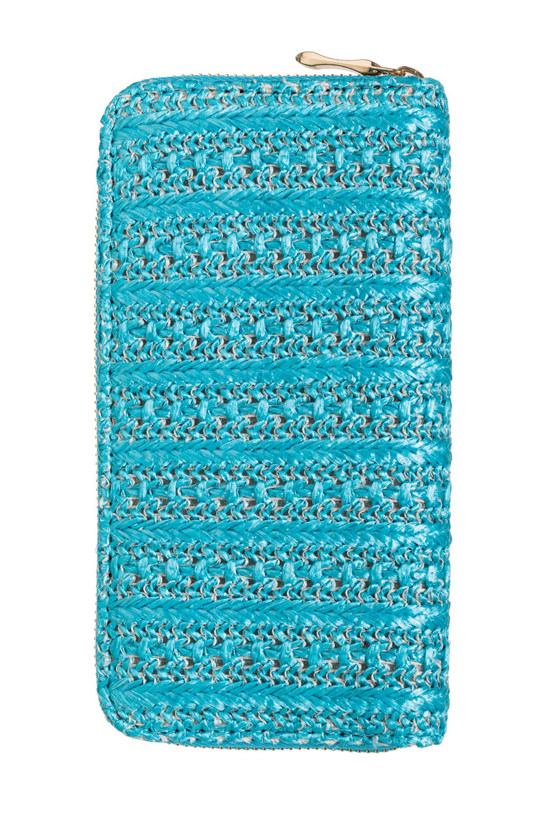 Γαλάζιο Γυναικείο Πορτοφόλι Ψάθα Πλεξούδα με Φερμουάρ
