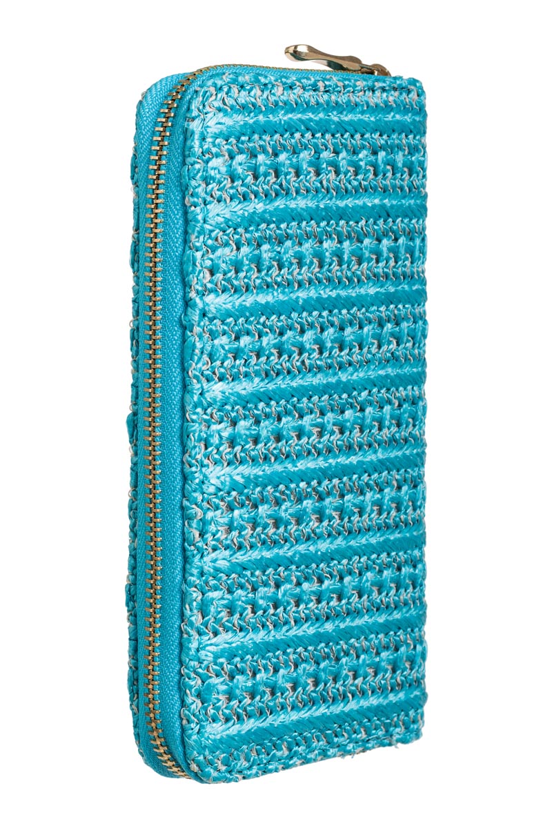 Γαλάζιο Γυναικείο Πορτοφόλι Ψάθα Πλεξούδα με Φερμουάρ