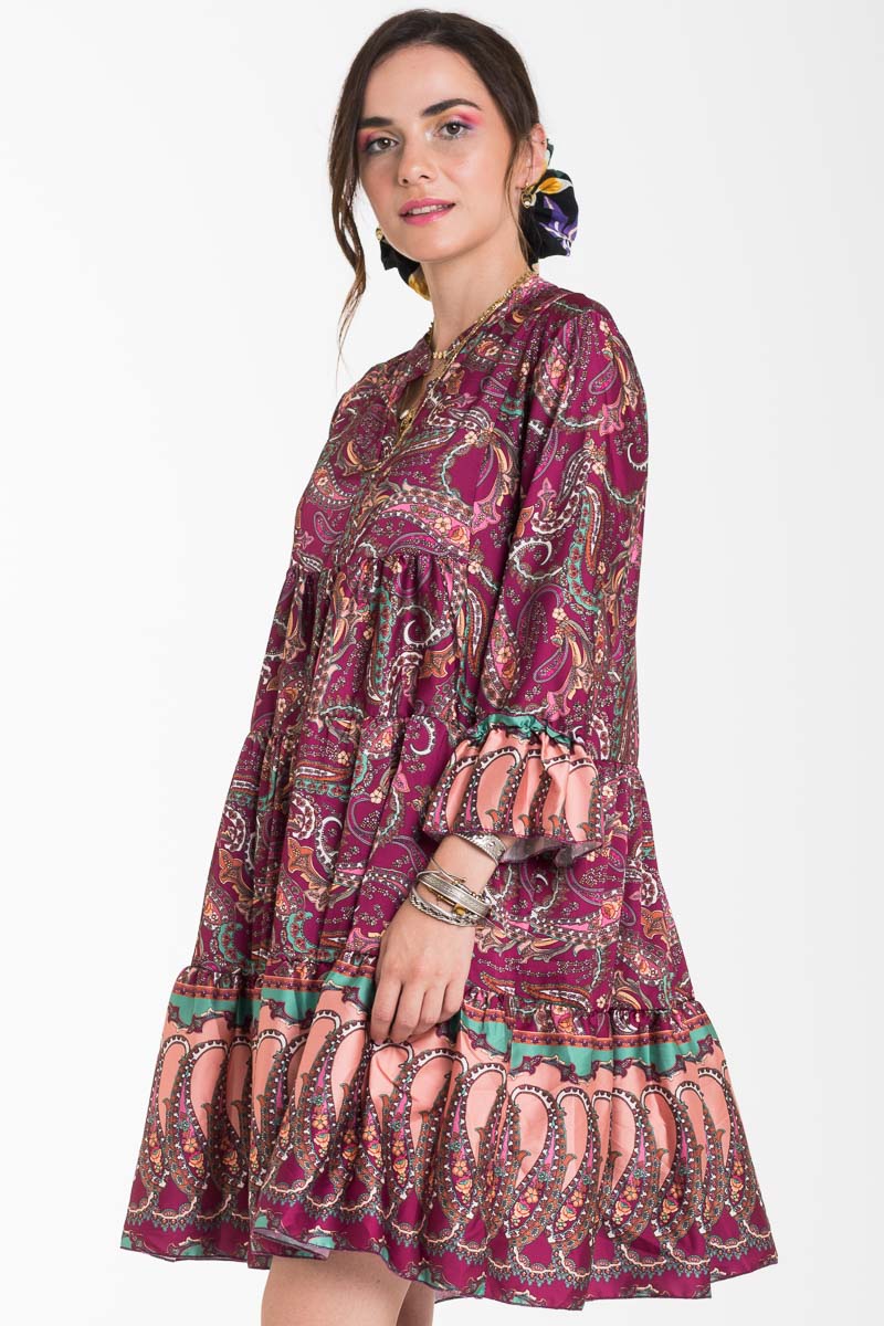 Mela Dress Μπορντό Σατέν Κοντό Φόρεμα με Λαχούρια και Βολάν