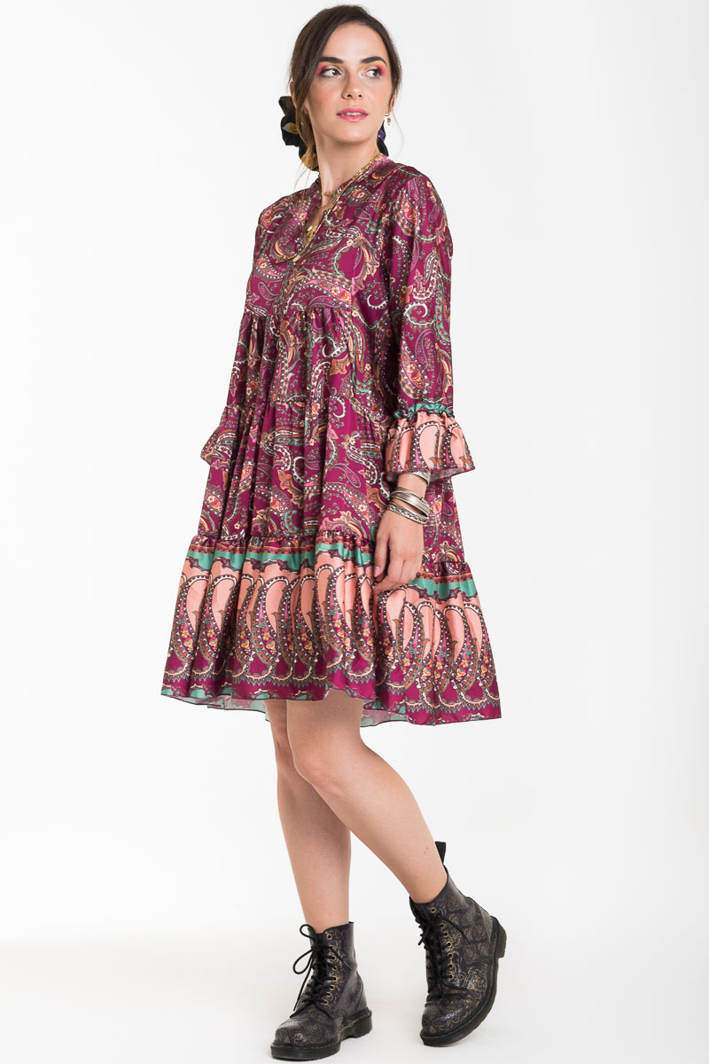 Mela Dress Μπορντό Σατέν Κοντό Φόρεμα με Λαχούρια και Βολάν