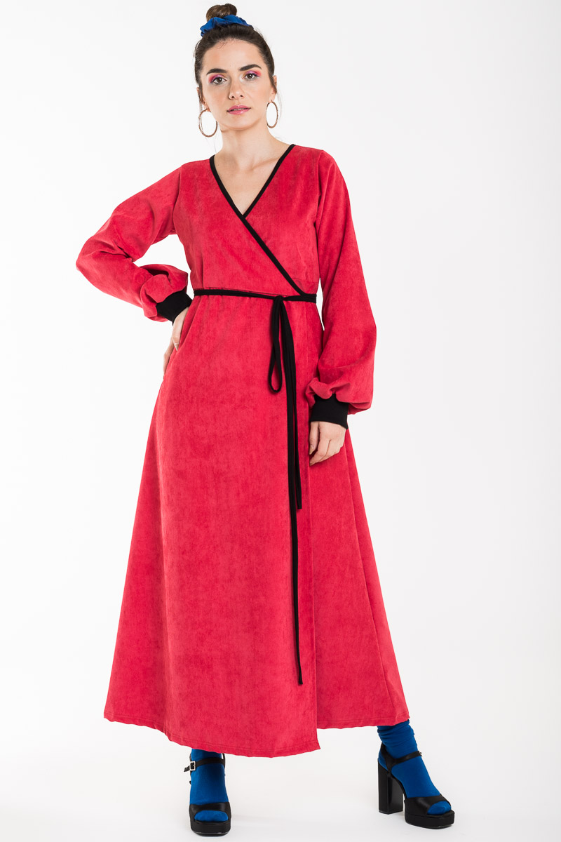 Rita Wrap Dress Midaxi Καρπουζί Κοτλέ Κρουαζέ Φόρεμα Petit Boutik