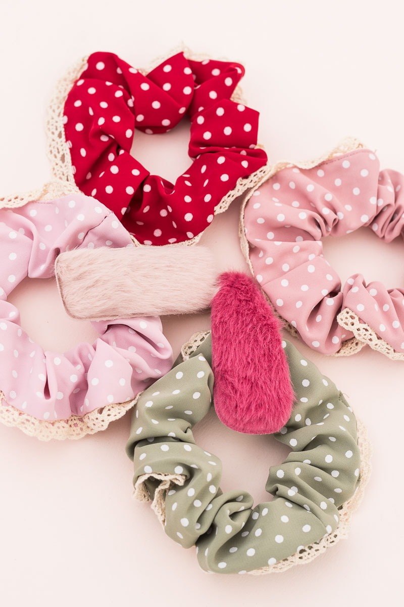 Set of 6 Scrunchies Dots & Clips Κοκκαλάκια Pink Mix 21