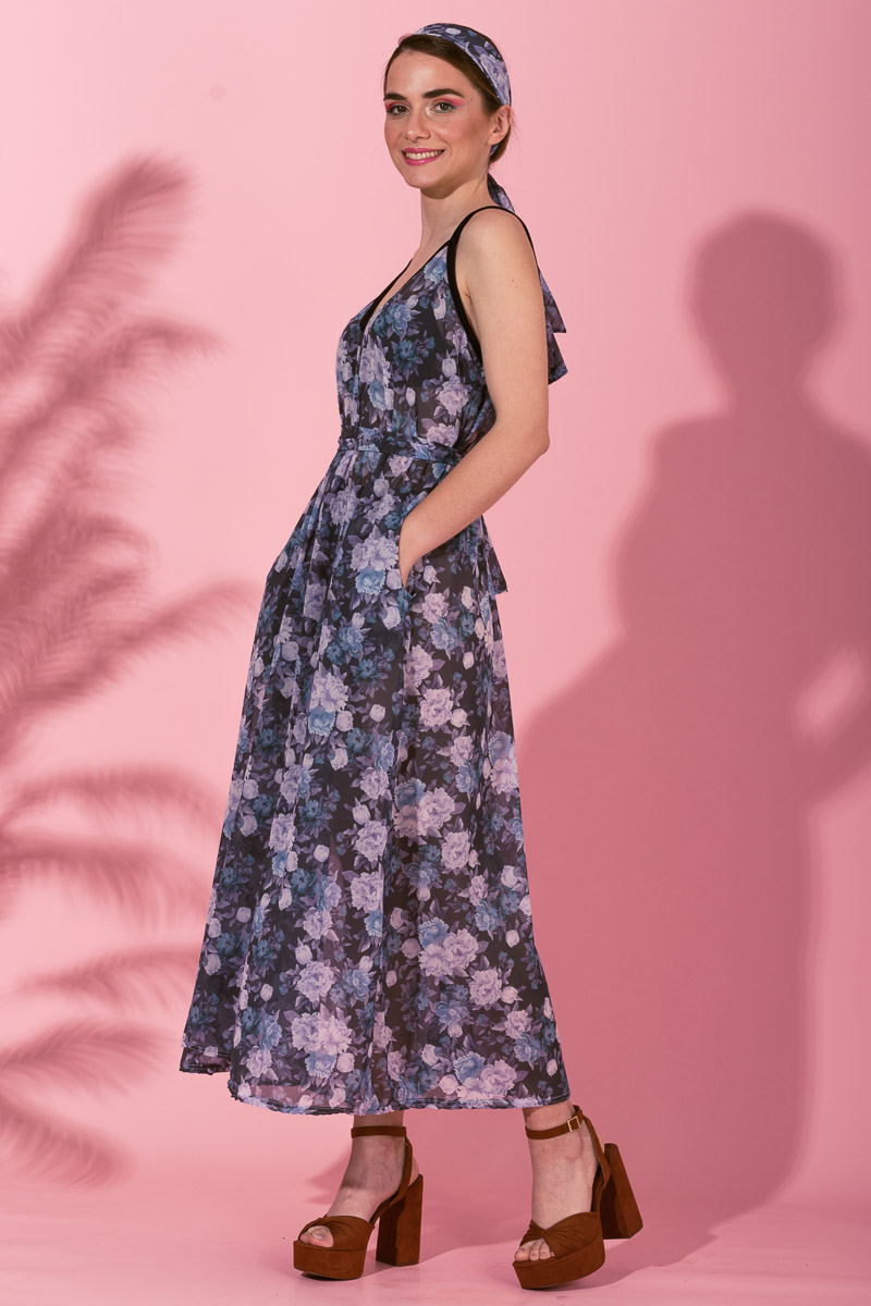 Matina Dress Blue Floral Roses Φόρεμα με Ζώνη & Τσέπες Petit Boutik