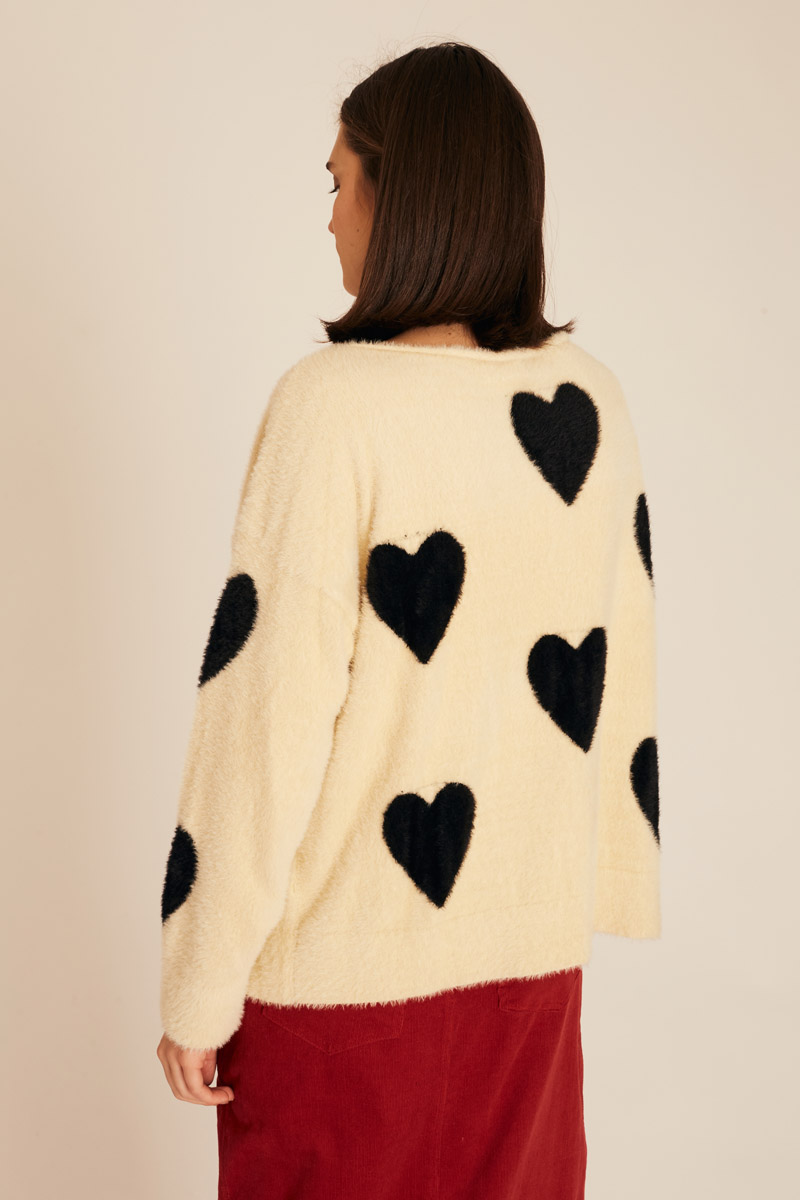 Hearts Sweater Εκρού Πλεκτό Πουλόβερ PepaLoves