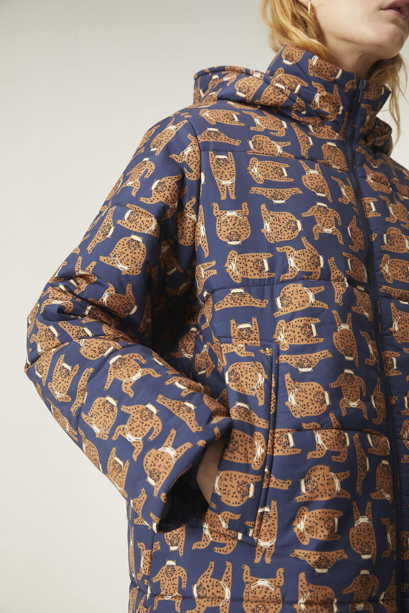 Leopard Print Quilted Coat Μπλε Μπουφάν με Κουκούλα Compania Fantastica