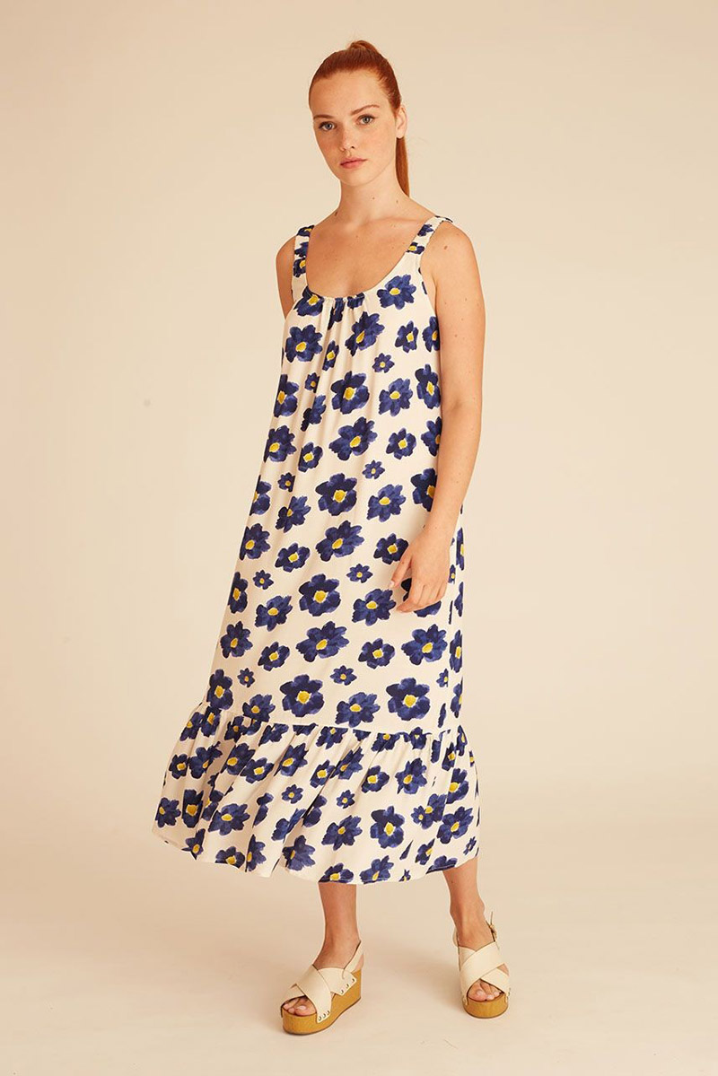 Blue Flowers Long Dress Μακρύ Φόρεμα με Τιράντες PepaLoves