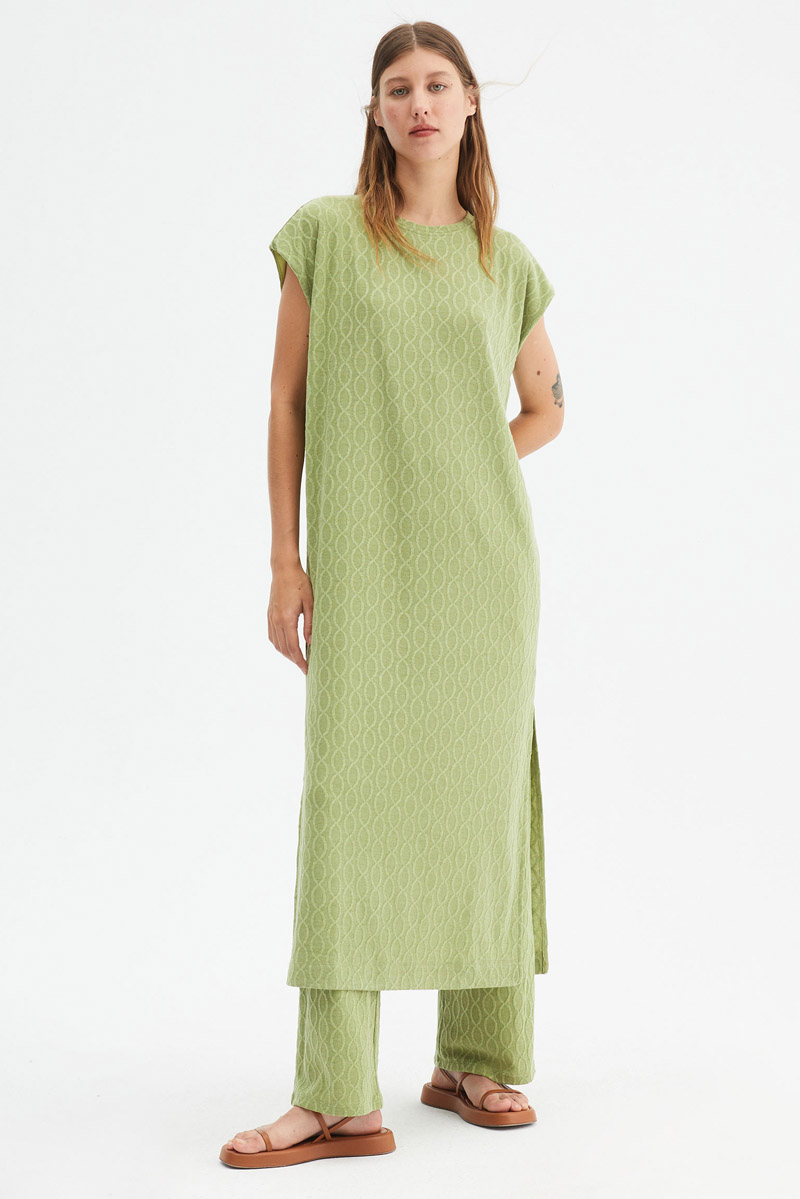 Green Midi Dress Ζακάρ Φόρεμα με Ανοίγματα Compania Fantastica
