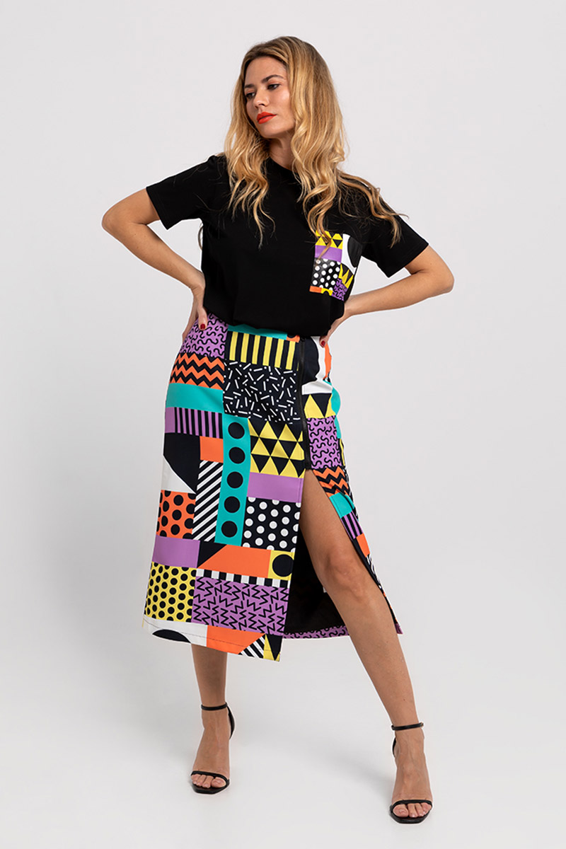 Memphis Time Midi Zip Skirt Φούστα Με Άνοιγμα Φερμουάρ Lolina