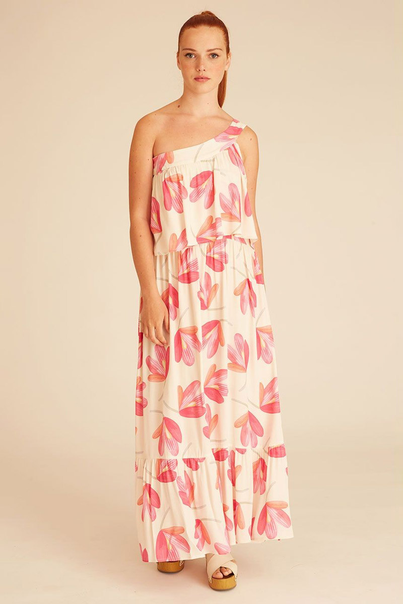 Pink Flowers Maxi Dress Μακρύ Φόρεμα με Ώμο PepaLoves