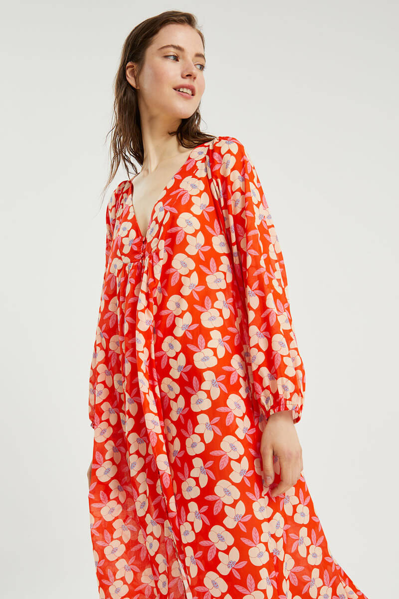 Orange Floral Midi Dress Tunic Φόρεμα Compania Fantastica