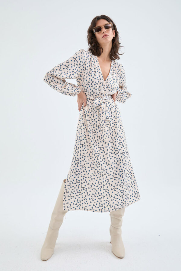 Hearts Print Midi Dress Μακρυμάνικο Φόρεμα Compania Fantastica