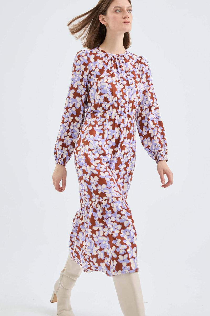 Floral Print Midi Dress Μακρυμάνικο Φόρεμα Με Βολάν Compania Fantastica