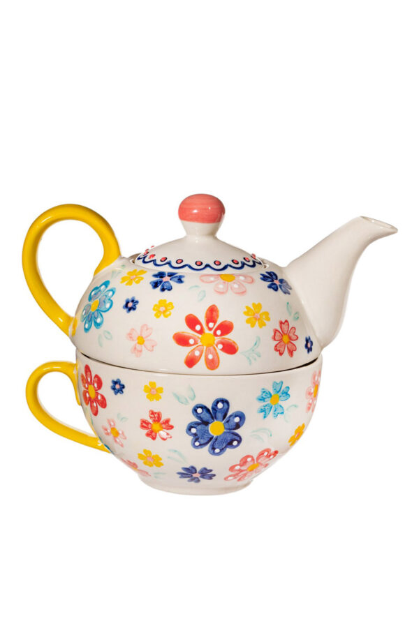 Ανάγλυφη Κεραμική Κούπα & Τσαγιέρα Folk Floral Tea for One