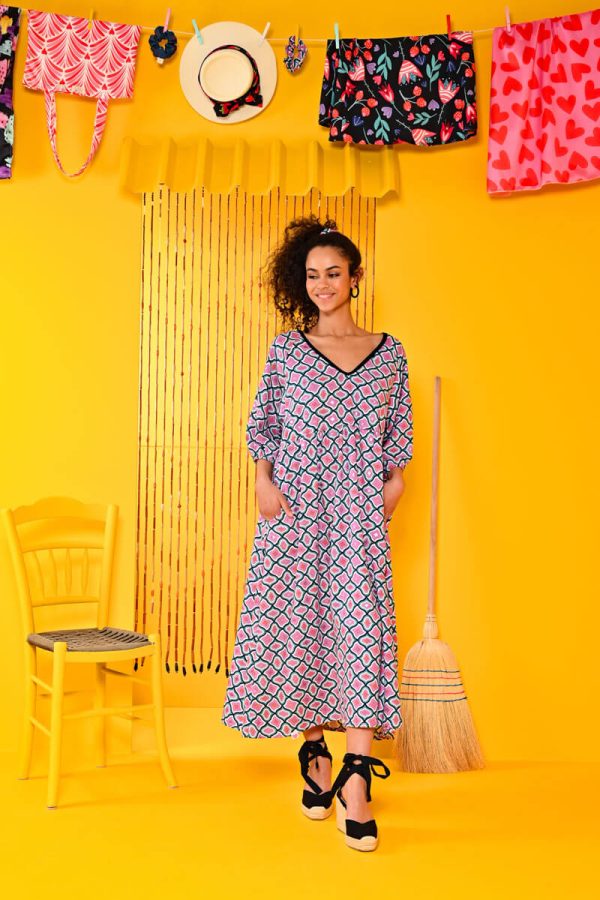 Alice Dress Geometric Foil Μοβ Φόρεμα με Ζώνη & Τσέπες Petit Boutik