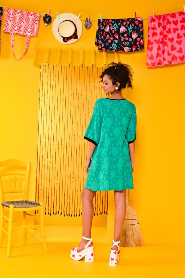 Marylou Dress Green Flowers Κοντό Φόρεμα με Ζώνη Petit Boutik